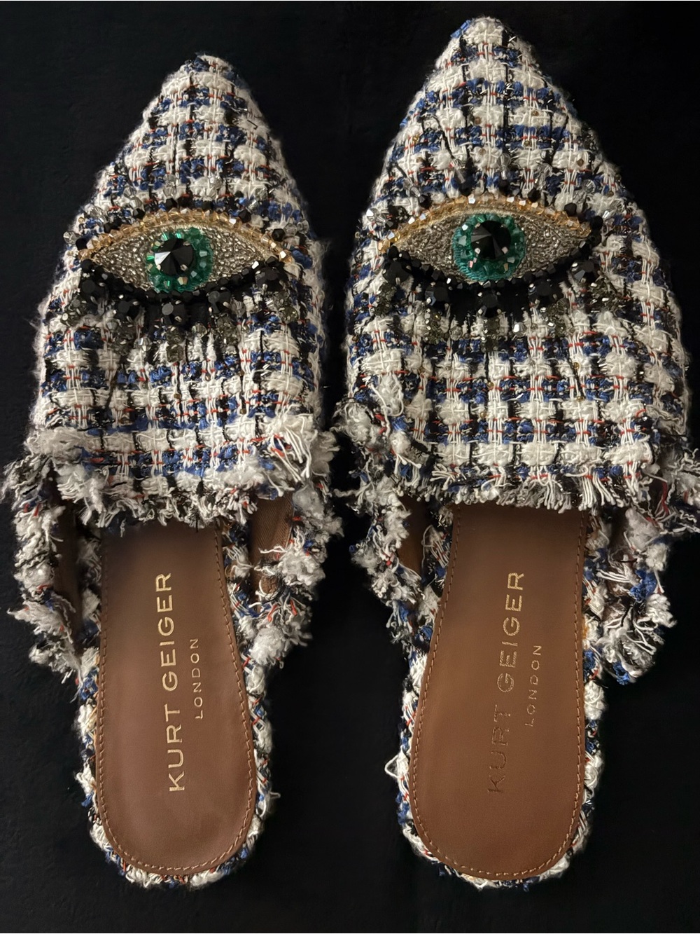 Kurt Geiger tweed evil eye mules
